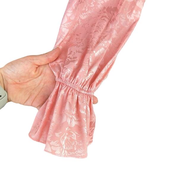 Divine Heritage Pink Floral Jacquard Satin Long Sleeve Peasantcore Blouse - Picture 10 of 13